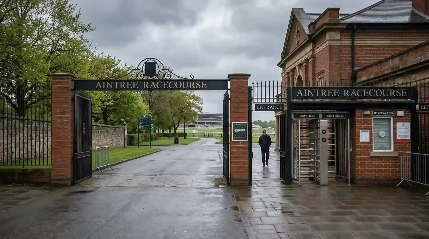Aintree racecourse turnstile with an empty queue on a spring morning