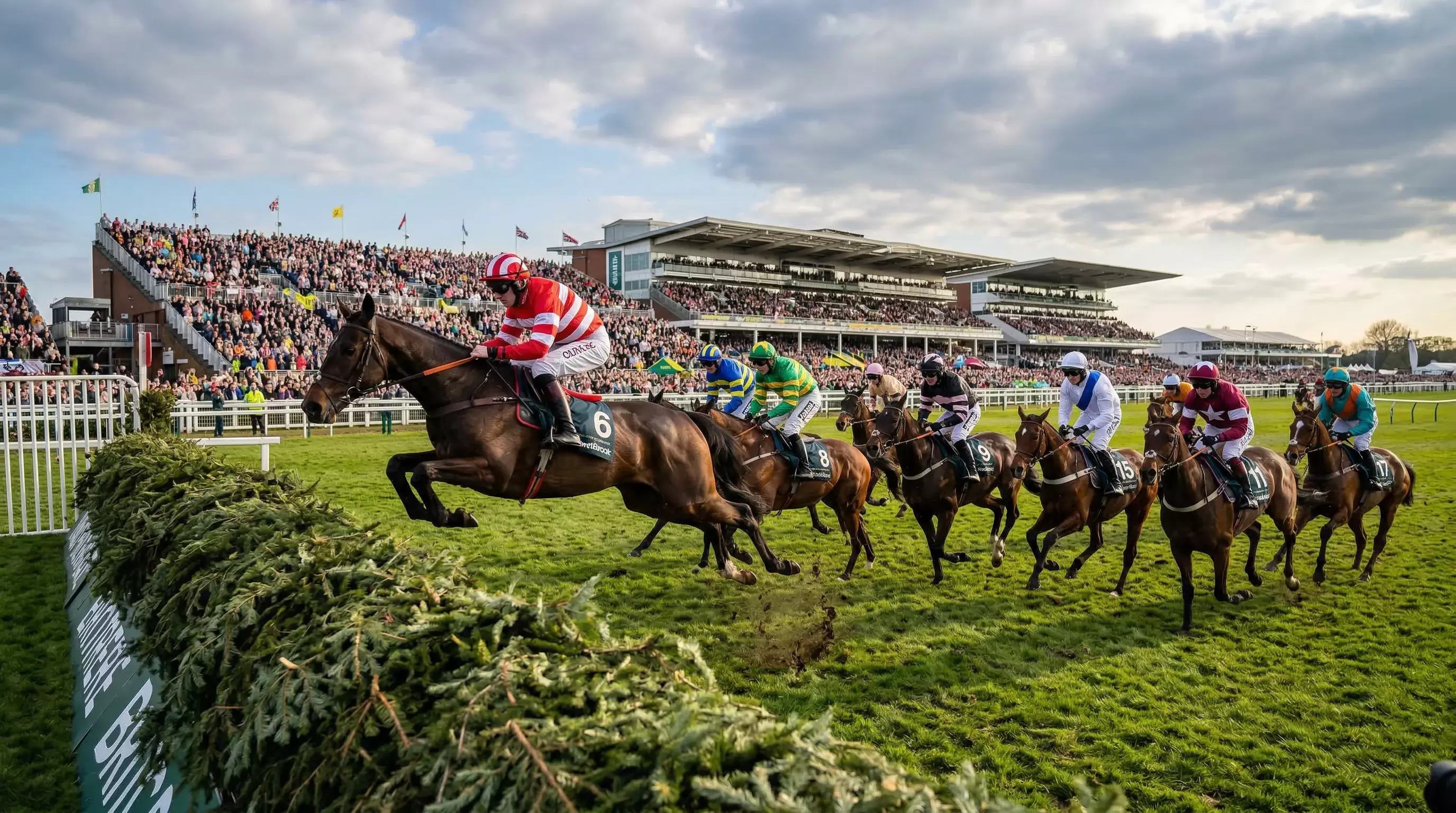 Horses and jockeys in the parade ring at the Cheltenham Festival with spectators watching from the stands