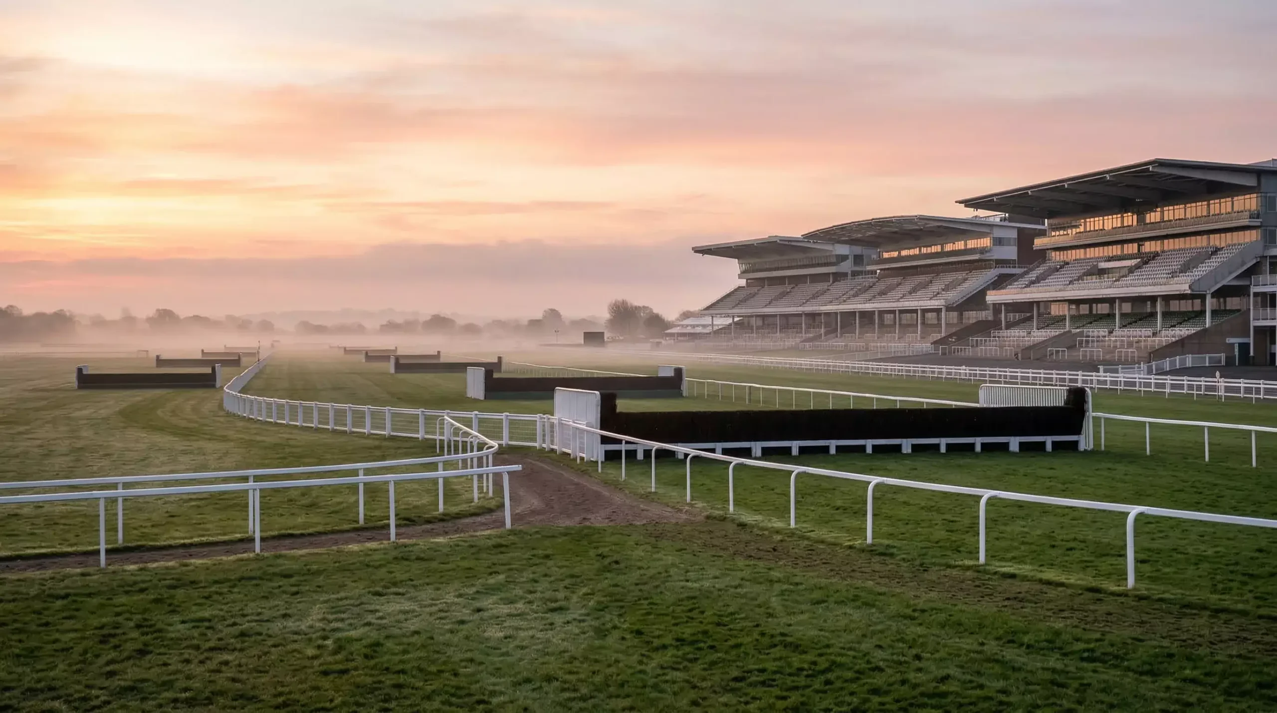 Early morning at Aintree racecourse with empty stands and the Grand National fences visible across the course
