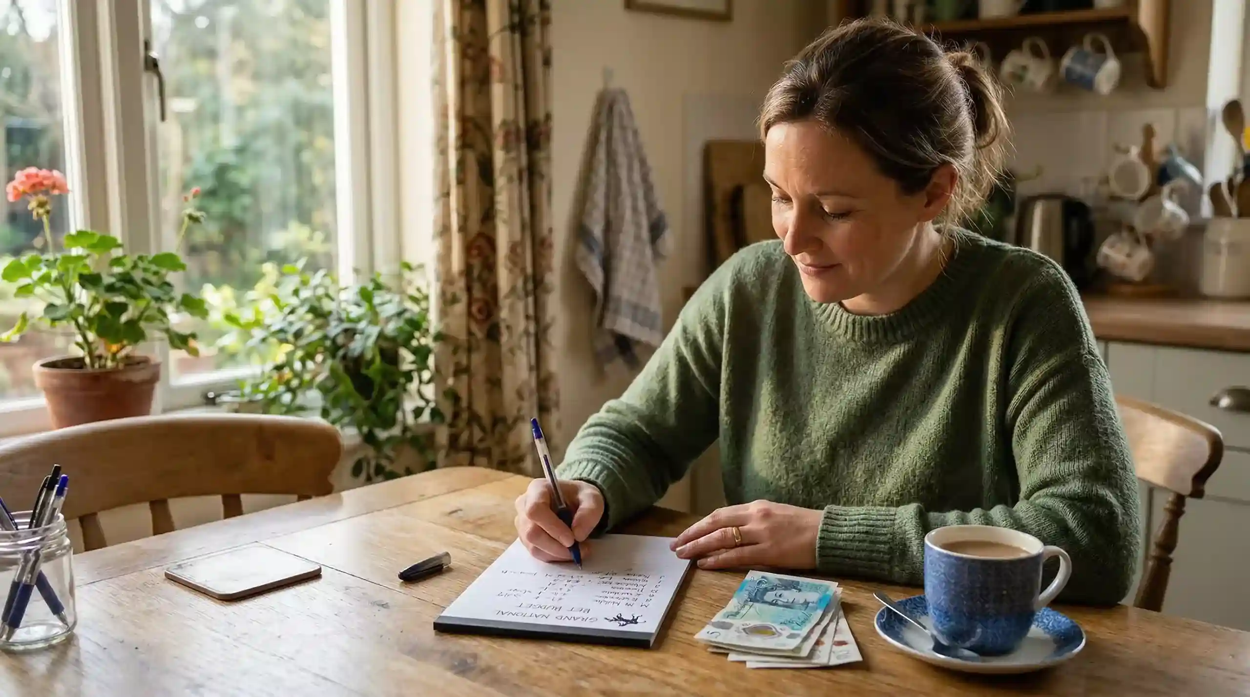 Punter setting a Grand National betting budget with notes and a pen