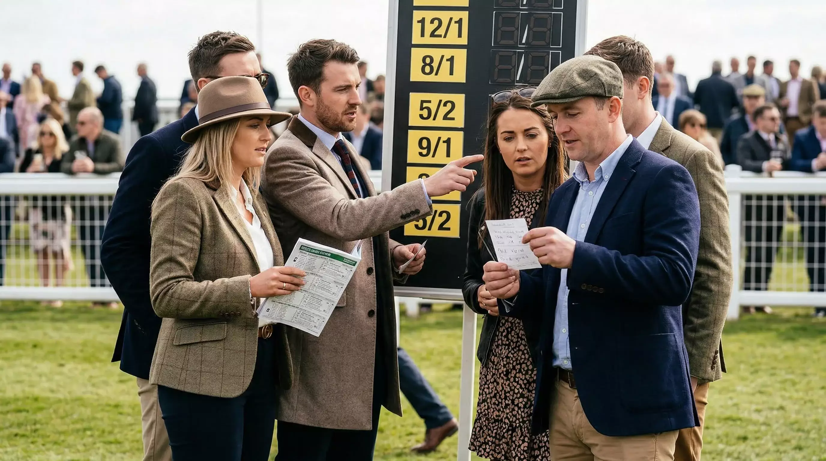 Racegoers studying form guides and betting slips at the Aintree Festival on Grand National day