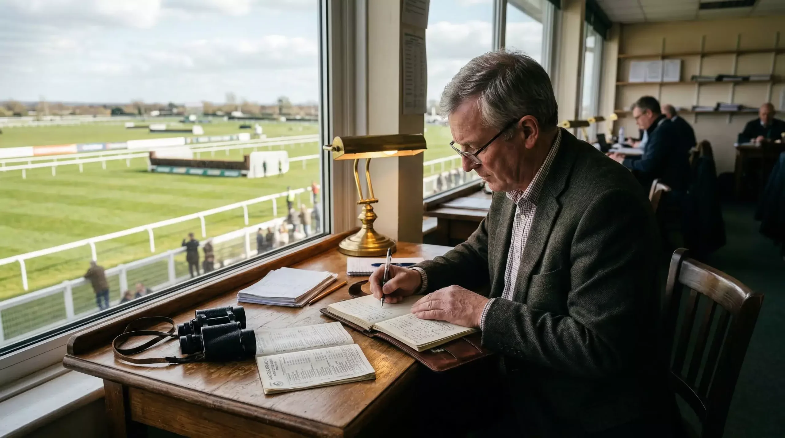 Racing analyst studying Grand National form with a notebook at Aintree