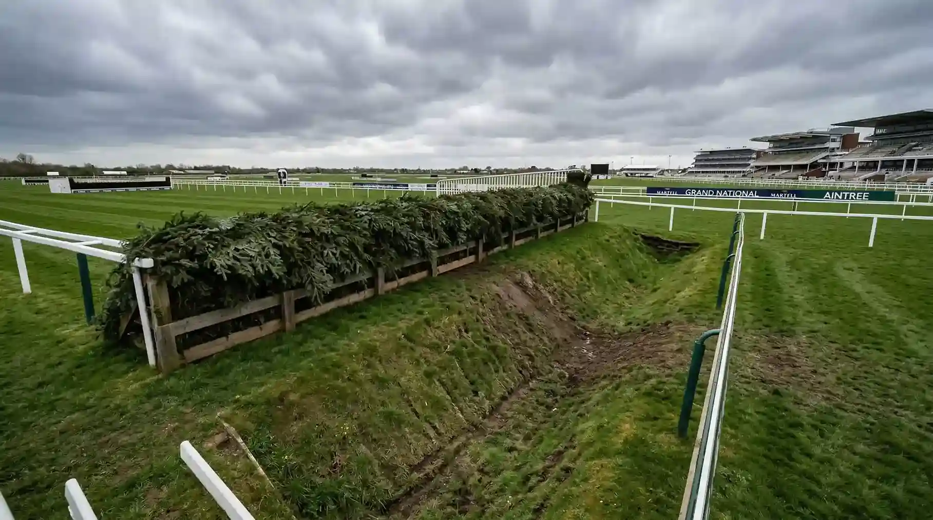 Aerial view of the Aintree Grand National course and famous fences