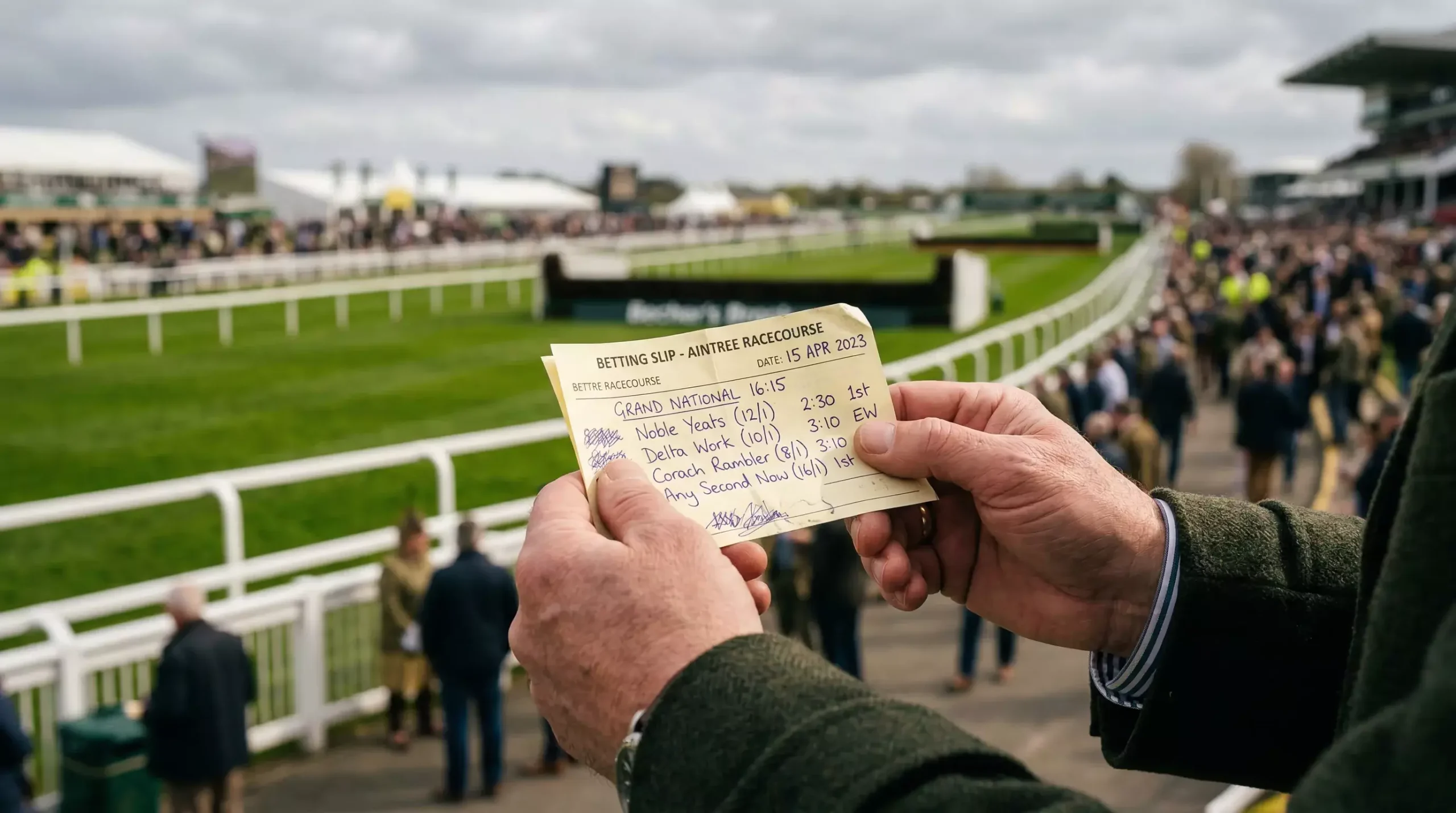 Punter holding a betting slip at Aintree on Grand National day with the racecourse in the background
