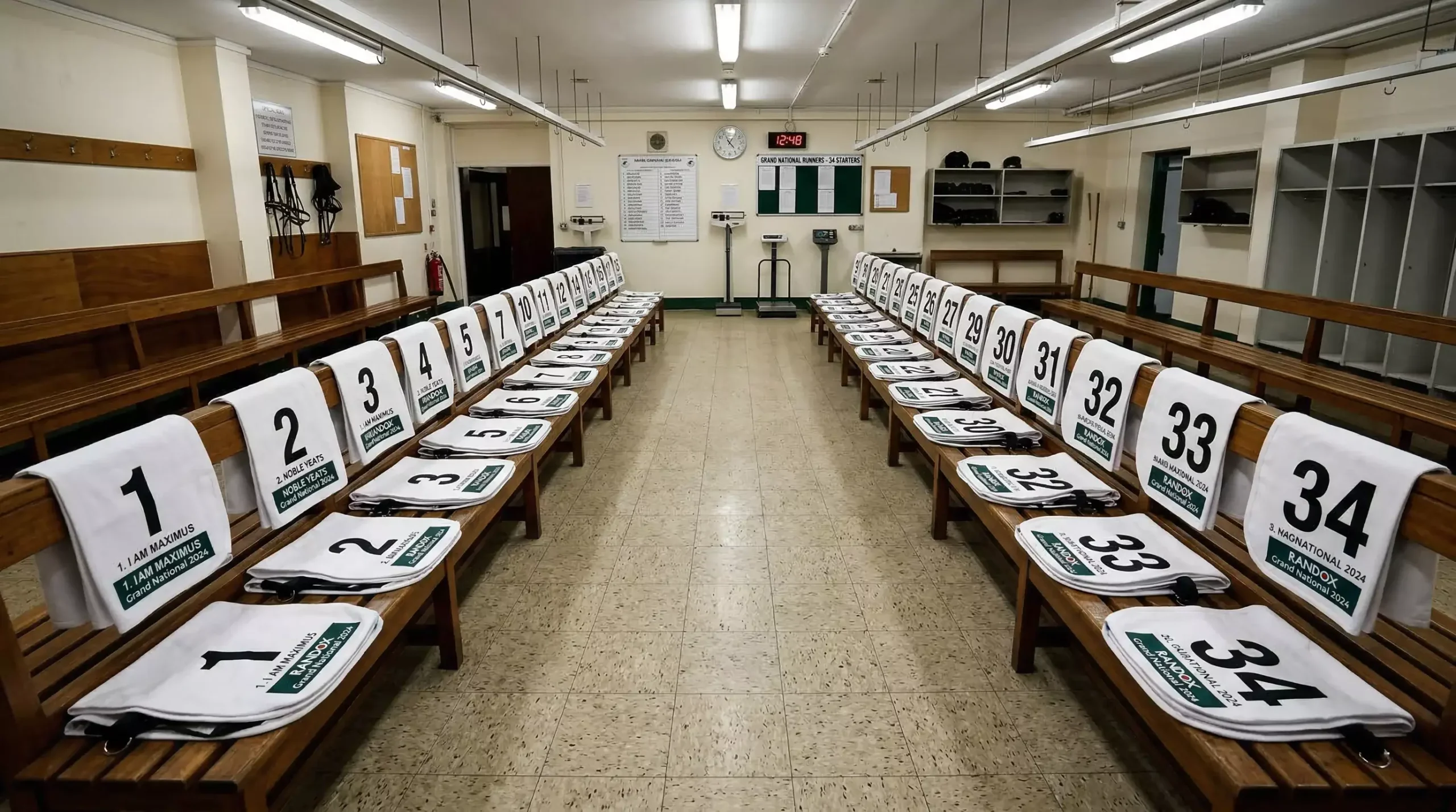 Thirty-four numbered saddlecloths laid out in the Aintree weighing room