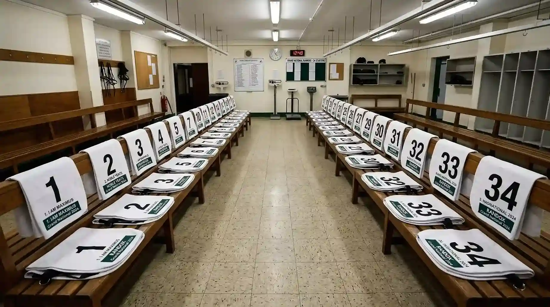 Thirty-four numbered saddlecloths laid out in the Aintree weighing room