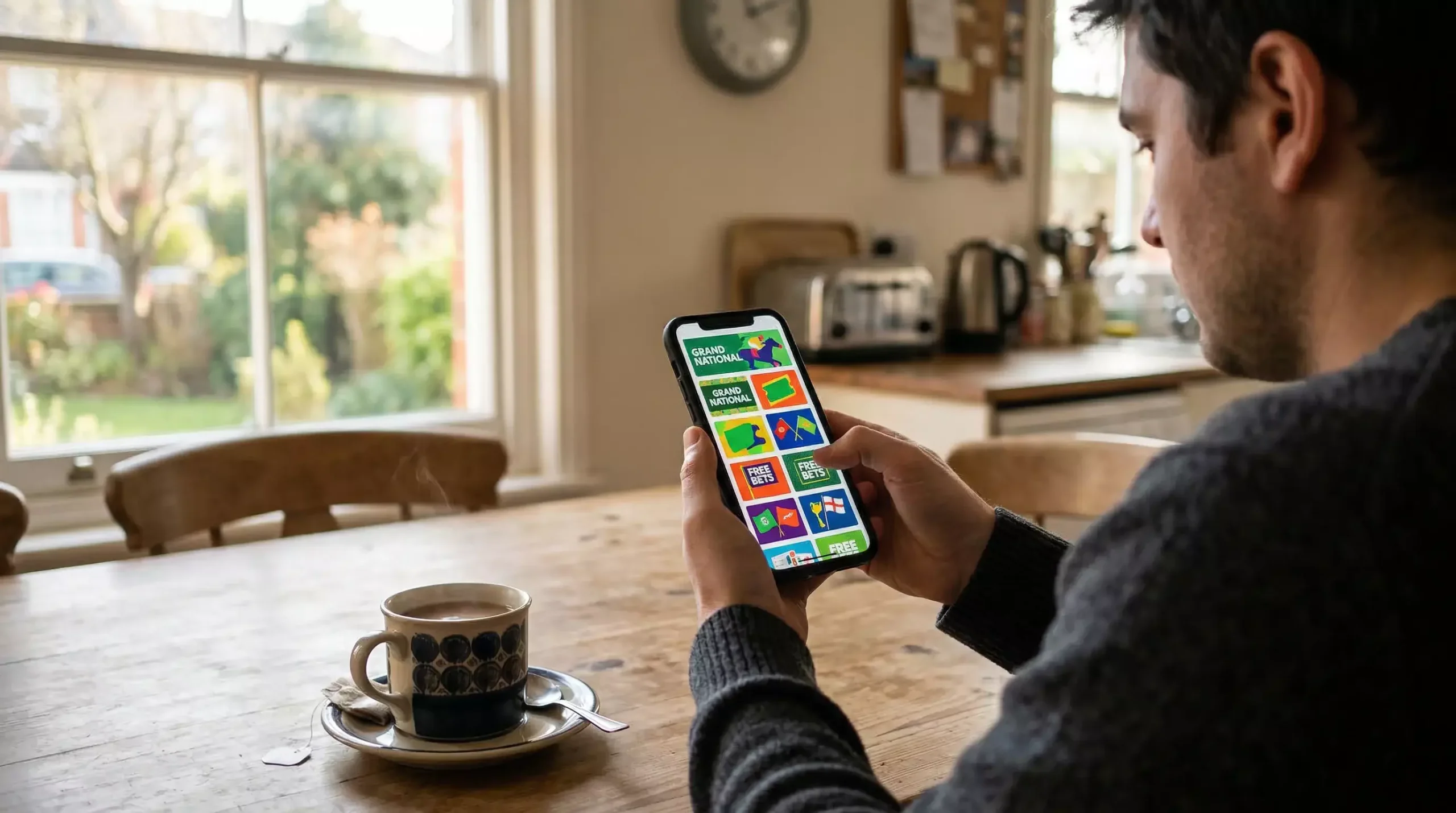 Punter reviewing Grand National betting offers on a mobile phone