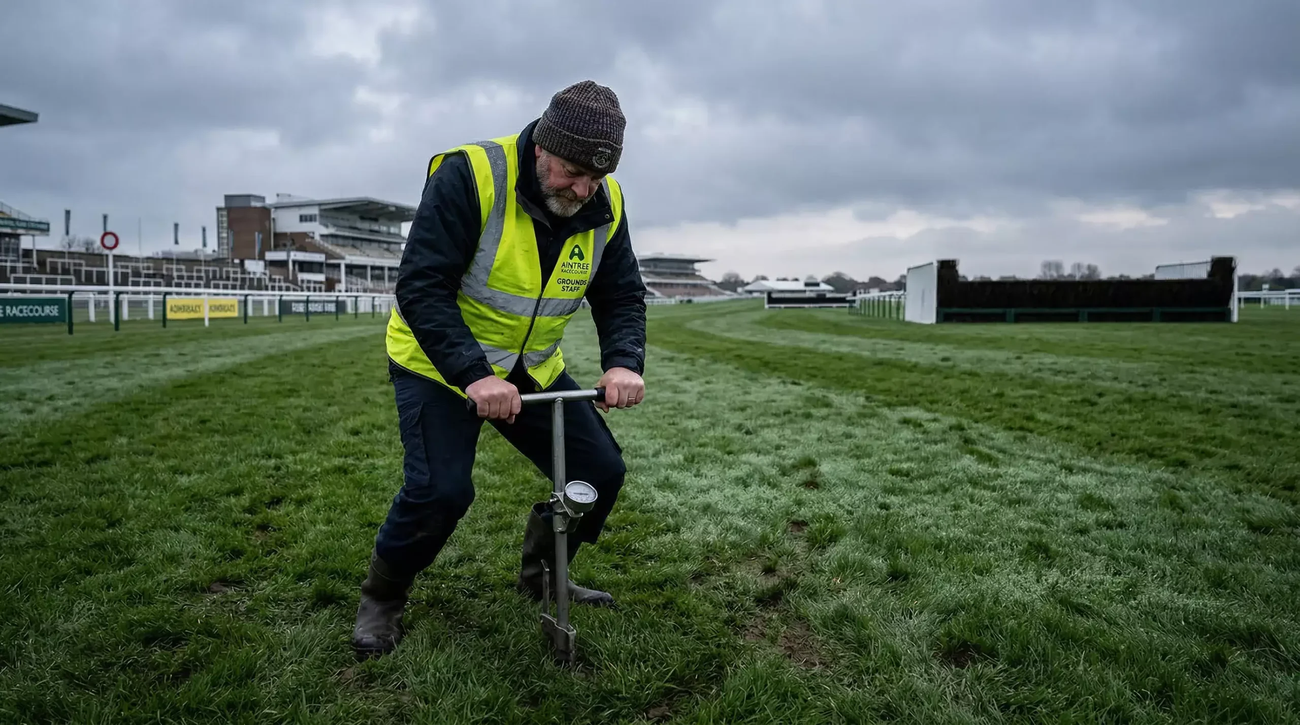 Groundsman testing the Aintree turf with a penetrometer before the Grand National