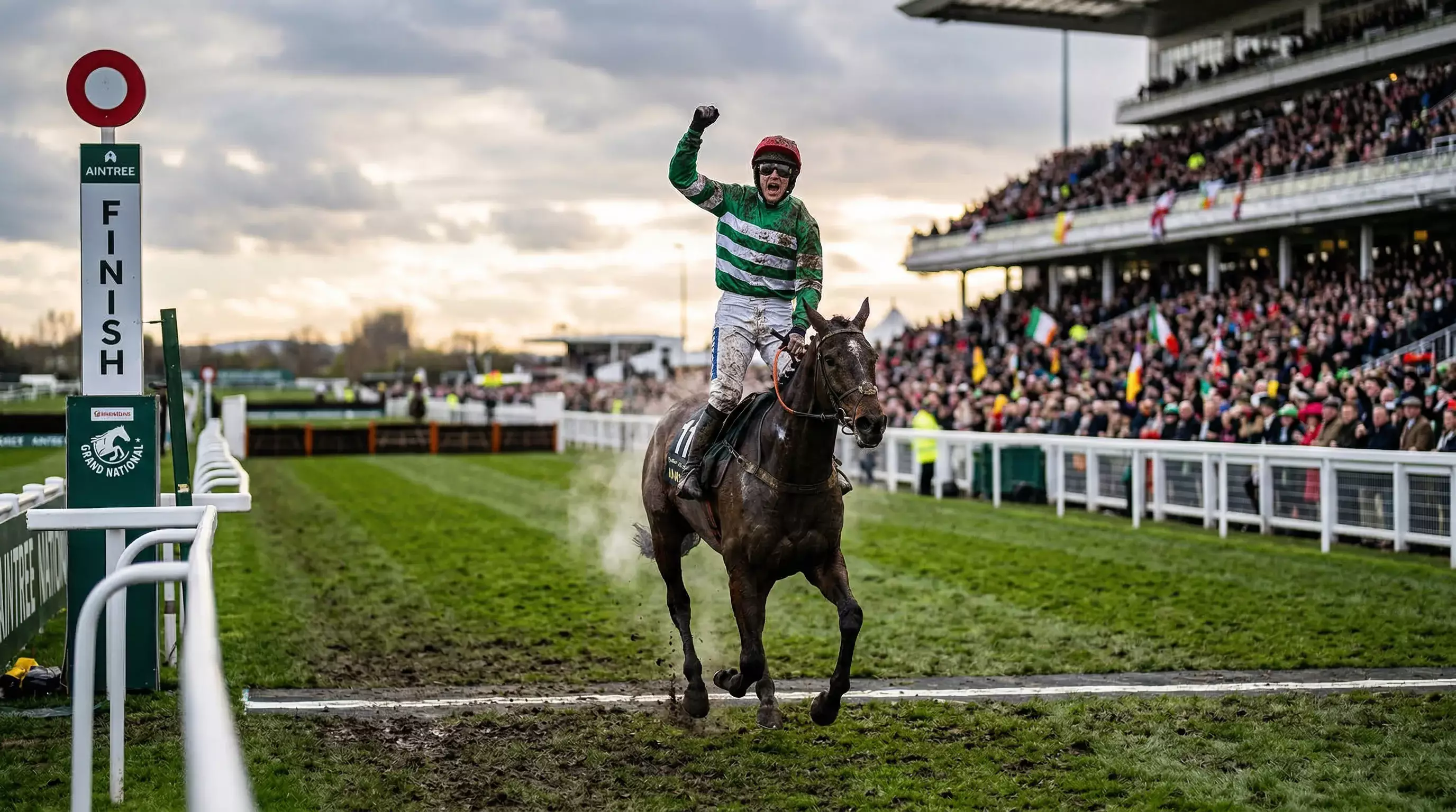A Grand National winner crossing the finishing line at Aintree with jockey celebrating