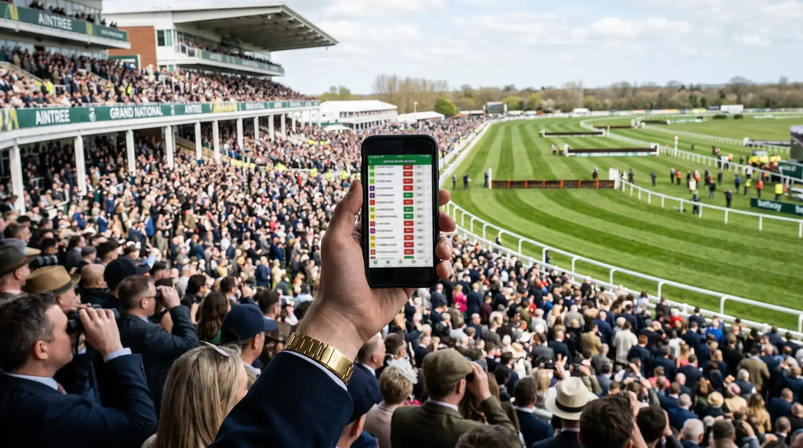Smartphone showing live Grand National odds held above the Aintree crowd