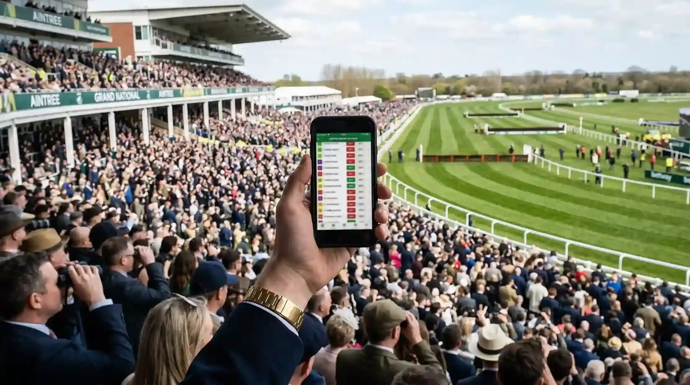 Smartphone showing live Grand National odds held above the Aintree crowd