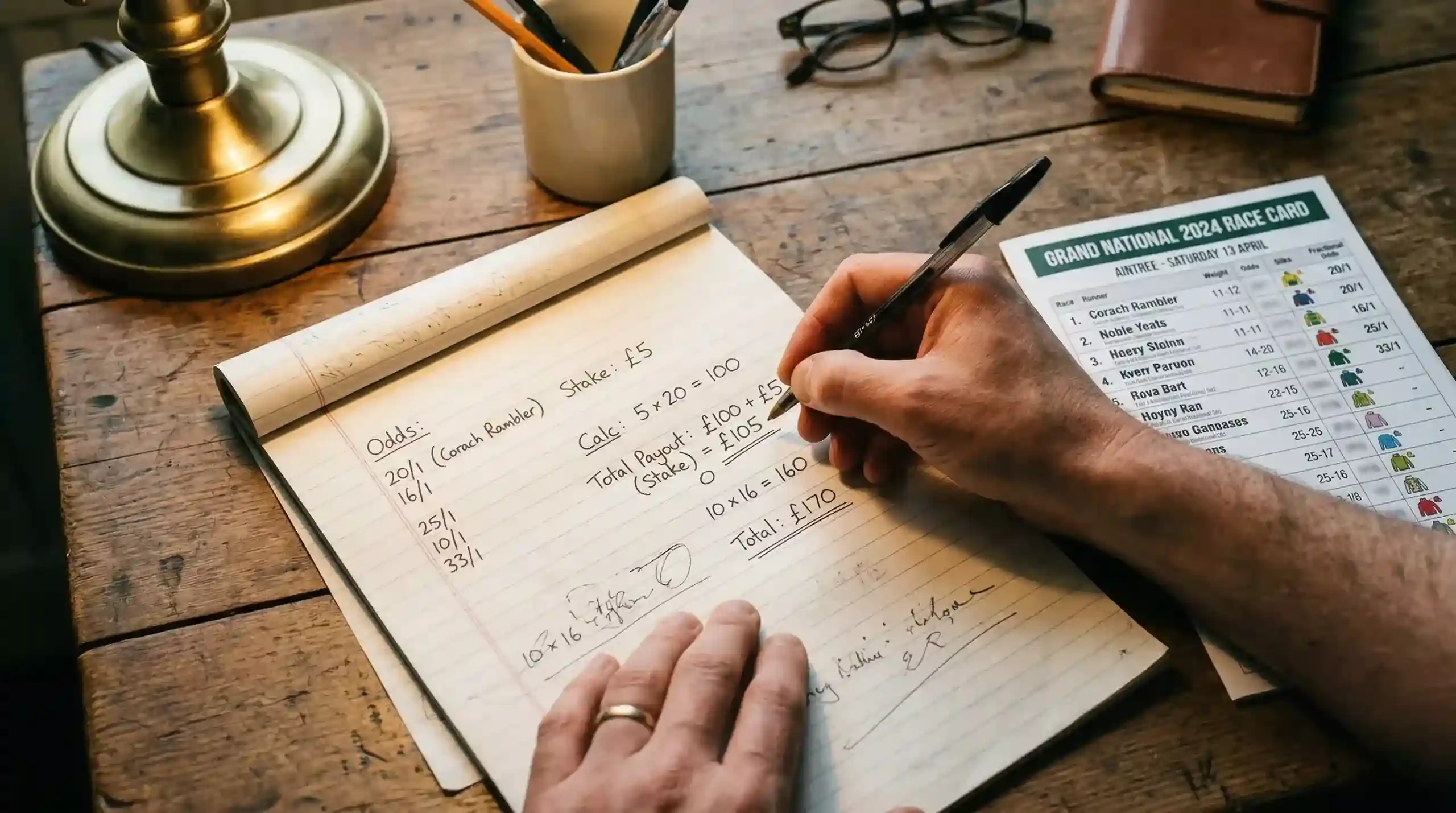 Pen working through Grand National payout calculations on a notepad