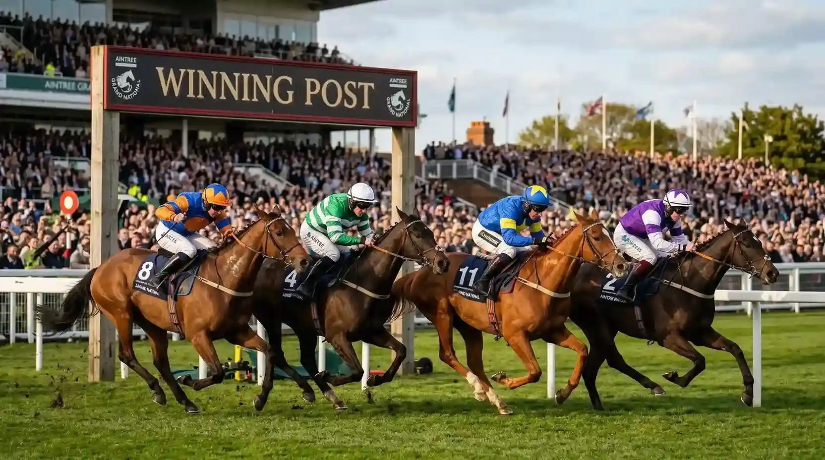 Grand National horses crossing the finish line in a close finish
