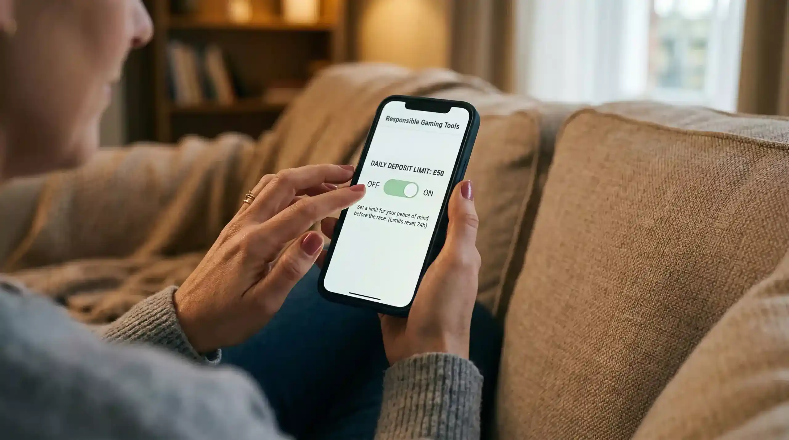 Hands placing a deposit limit on a betting app before the Grand National