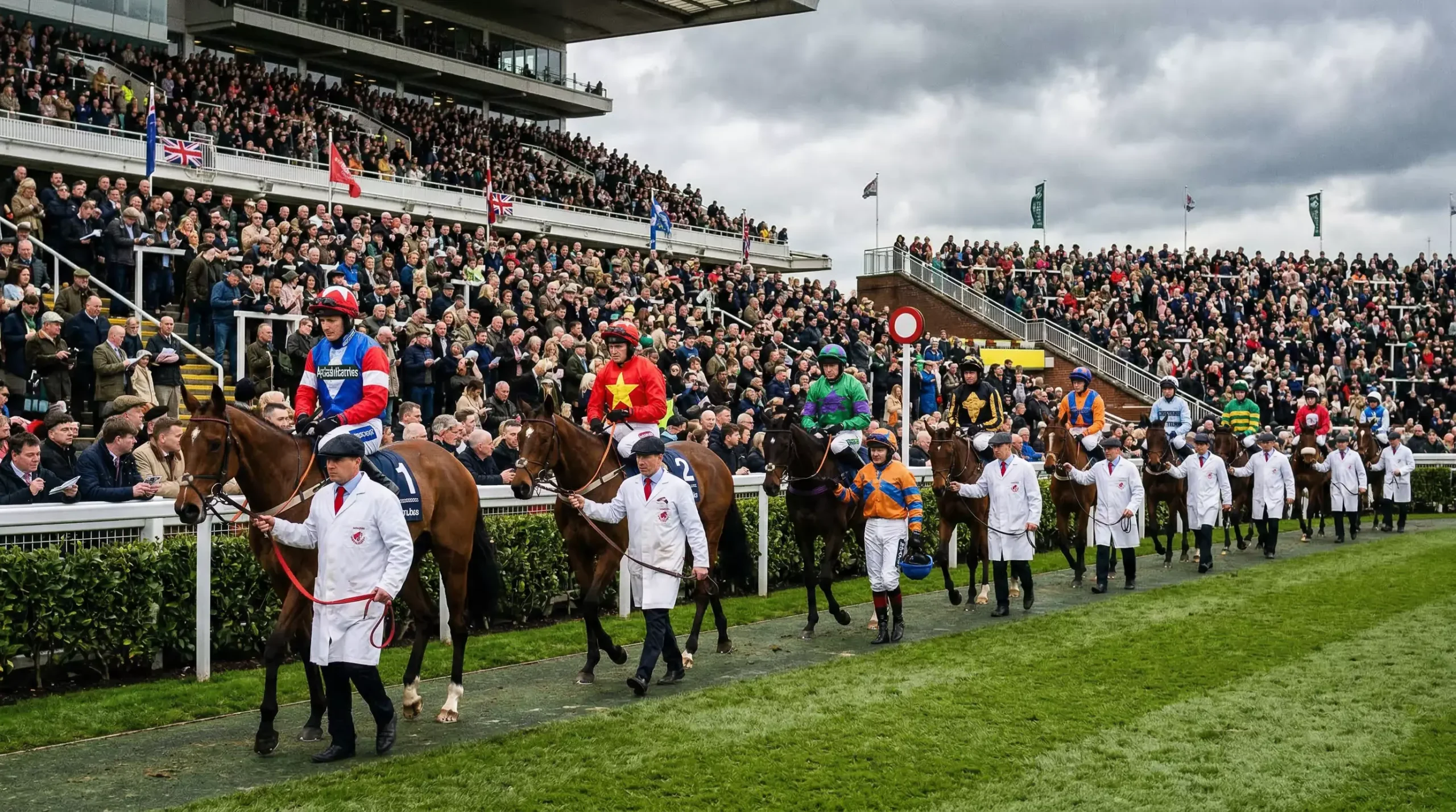 Grand National runners parading in front of the Aintree grandstand