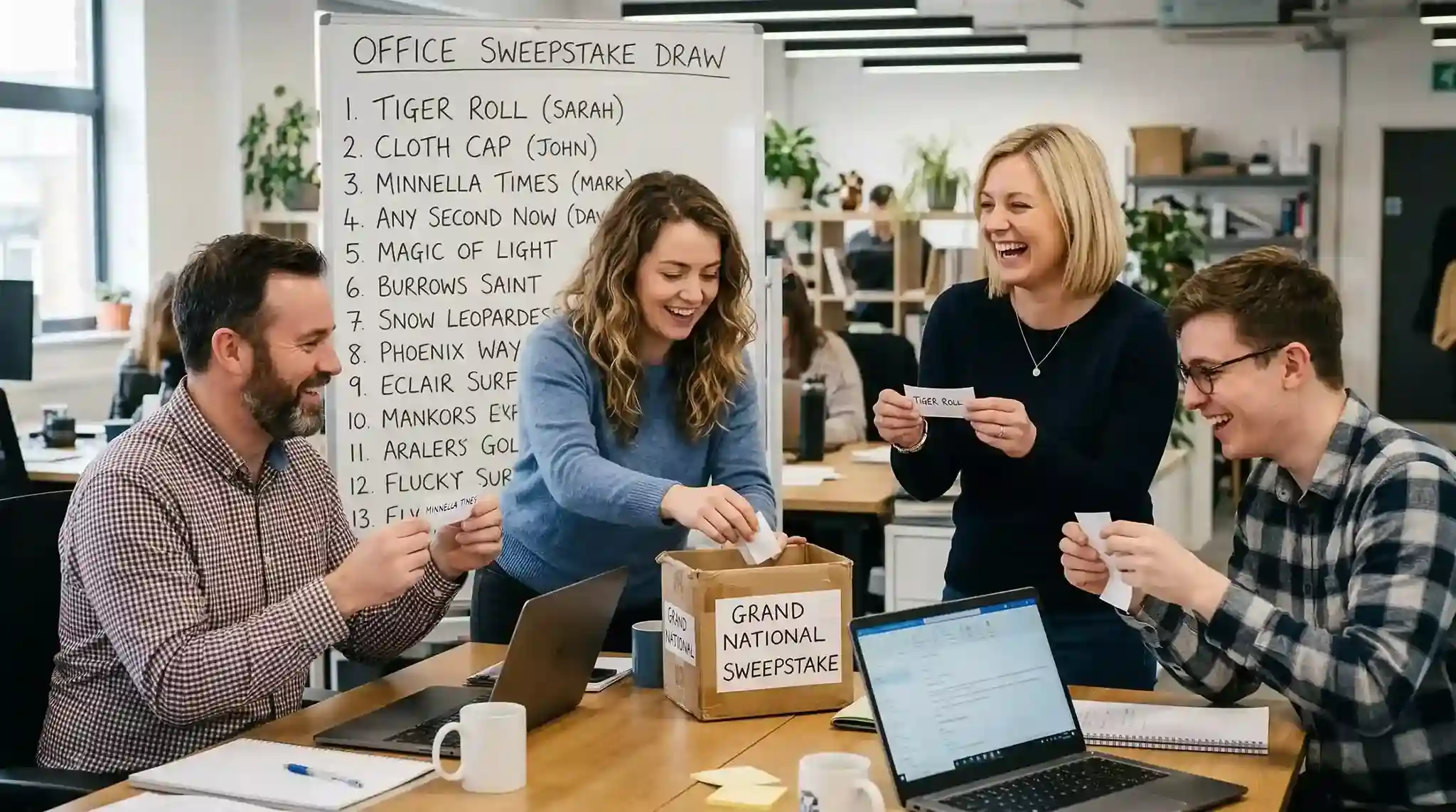 Office workers drawing names from a hat for a Grand National sweepstake