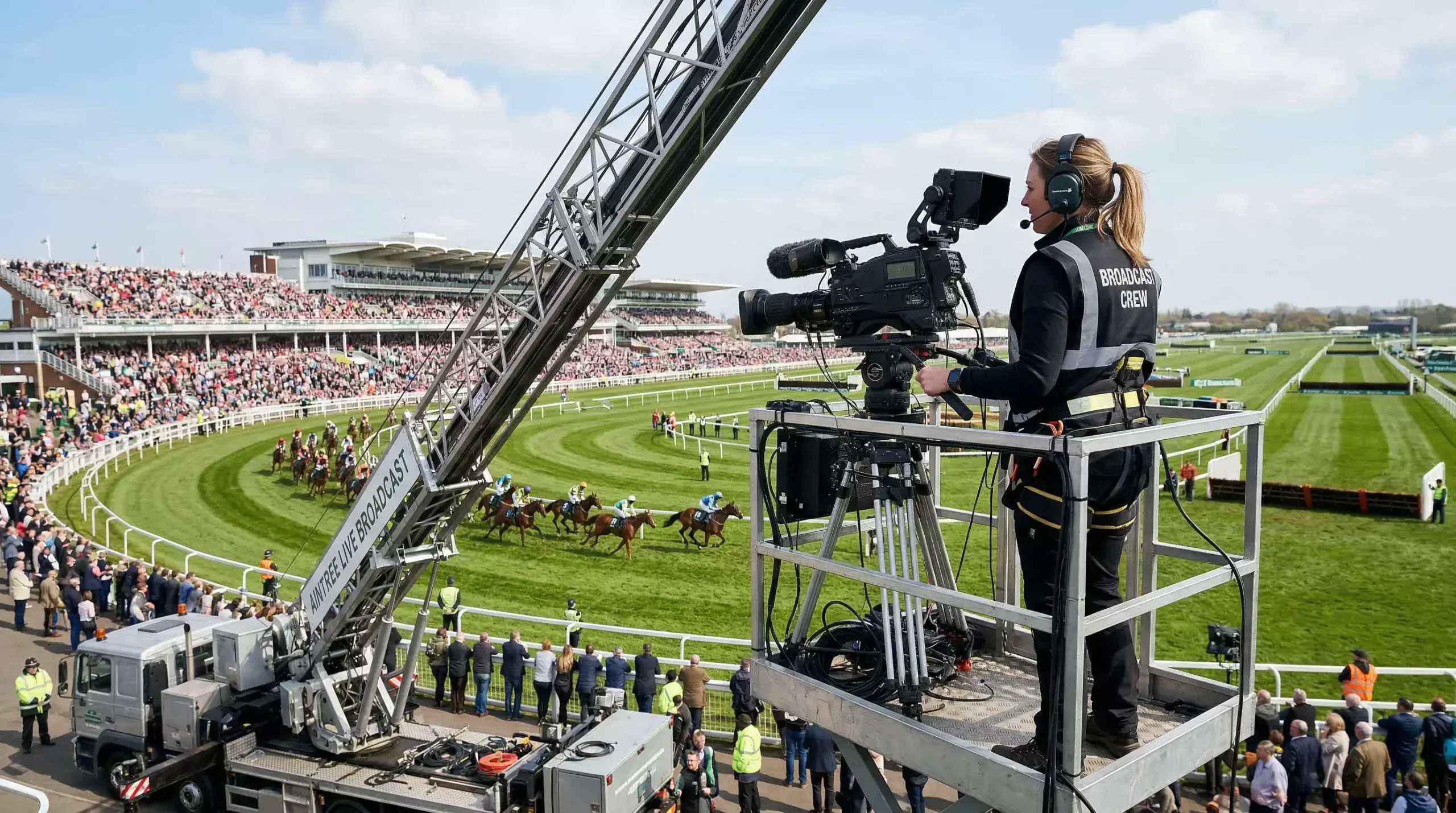 ITV camera crew filming at Aintree with the Grand National course behind them