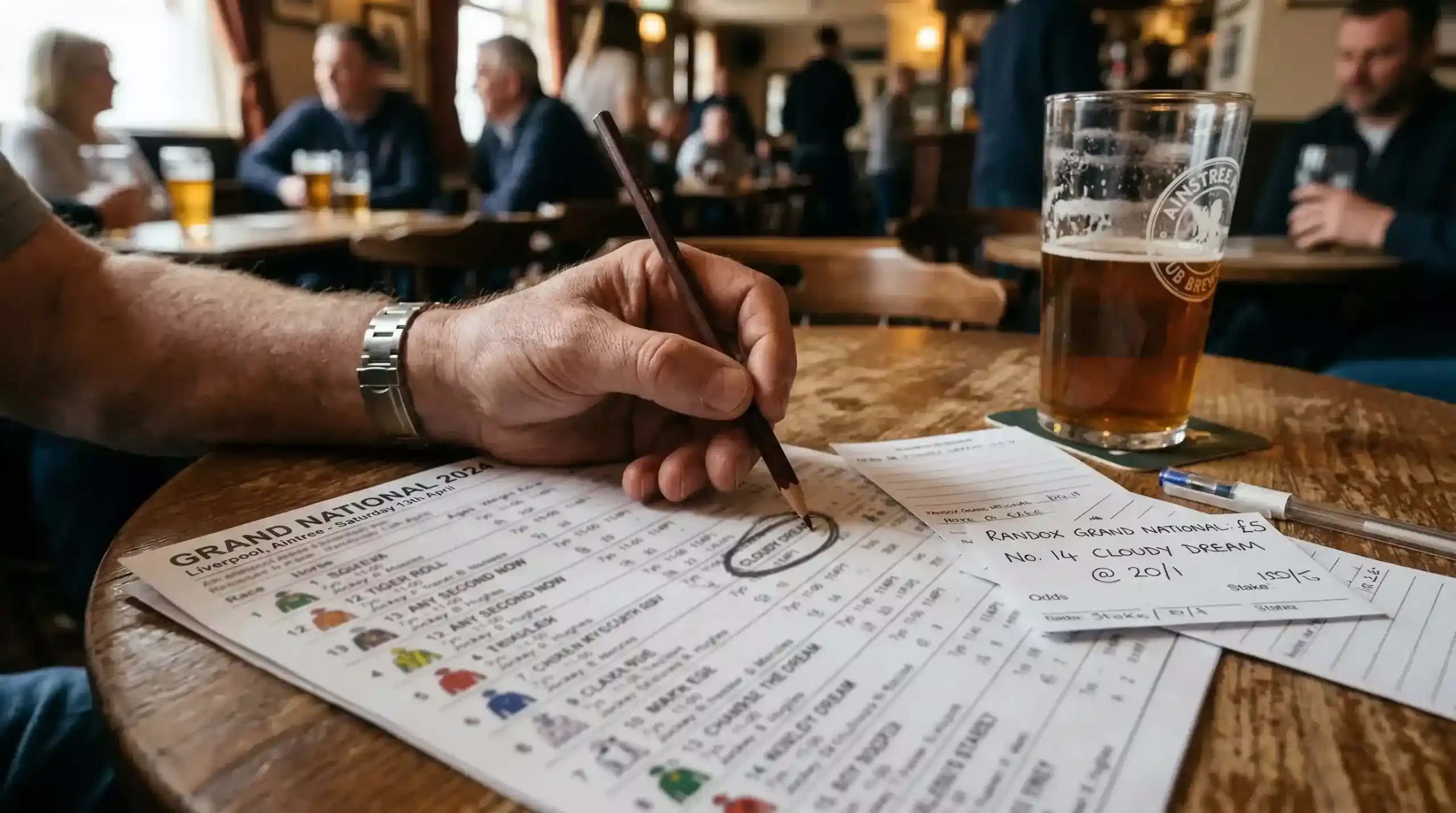 Punter circling selections on a Grand National race card at Aintree