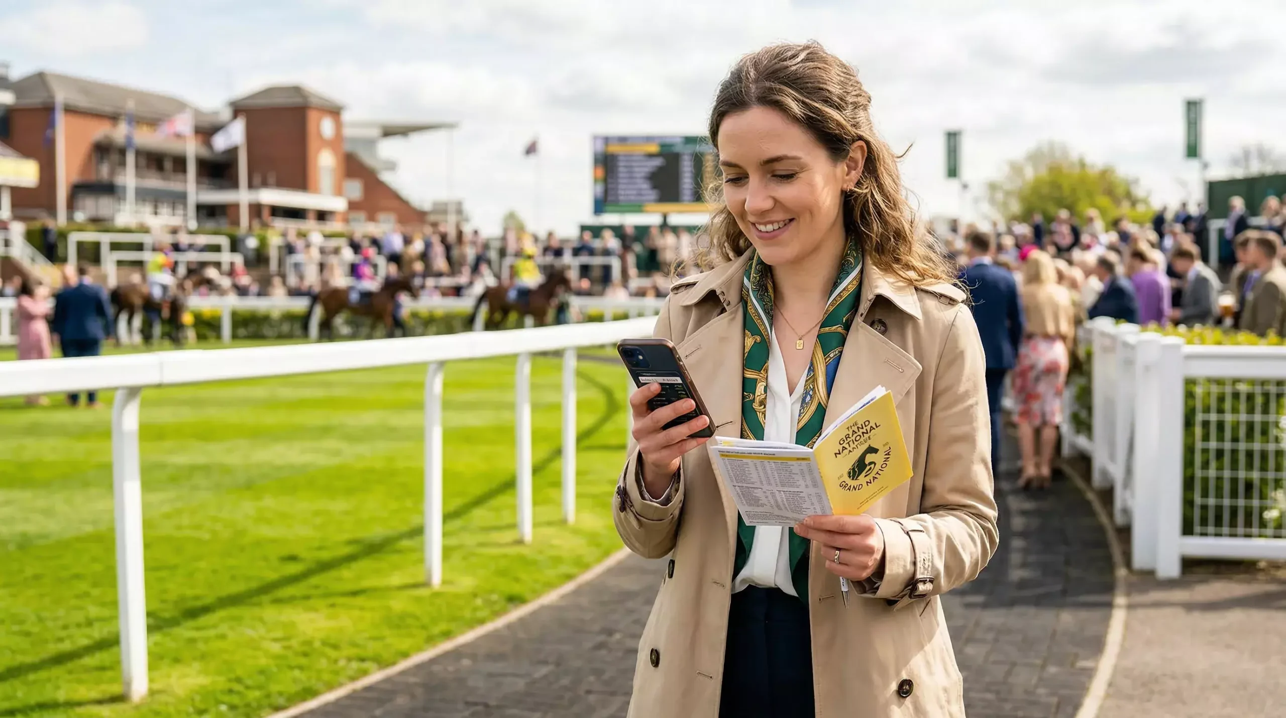 First-time bettor using a smartphone to place a Grand National bet with Aintree racecourse in the background
