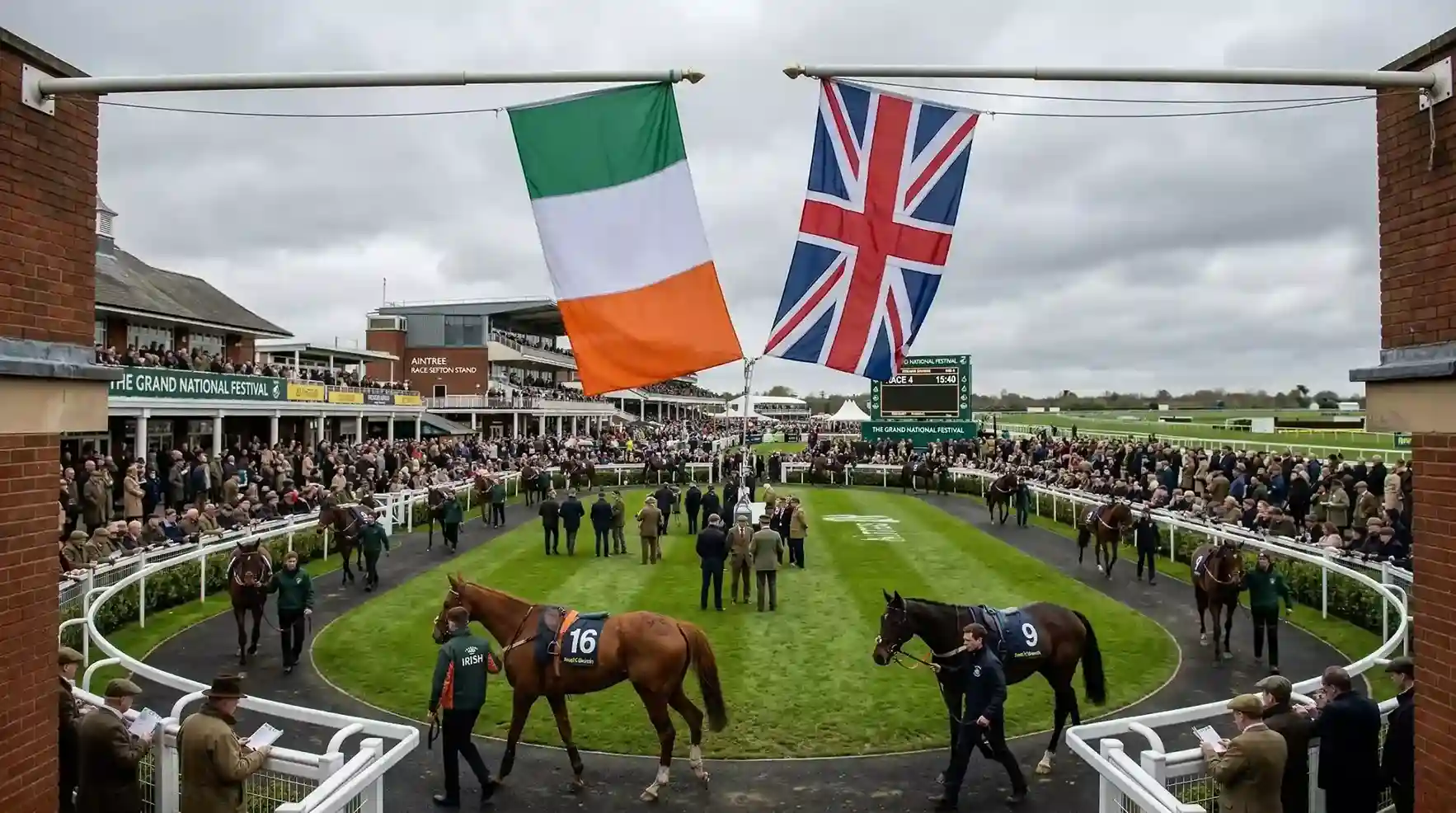 Irish and British flags side by side above the Aintree parade ring